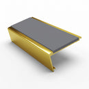 Rake back aluminium stair nosing, 62mm tread, mid grey insert, mirrorflect gold finish