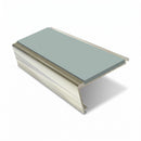 Rake back aluminium stair nosing, 62mm tread, sage green insert, bright polished finish