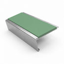 Rake back aluminium stair nosing, 62mm tread, sage green insert, mill finish finish