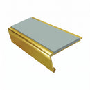 Rake back aluminium stair nosing, 62mm tread, sage green insert, mirrorflect gold finish
