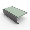 Rake back aluminium stair nosing, 62mm tread, sage green insert, satin black finish