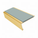 Rake back aluminium stair nosing, 62mm tread, sage green insert, satin gold finish
