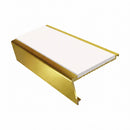 Rake back aluminium stair nosing, 62mm tread, white insert, mirrorflect gold finish