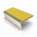 Rake back aluminium stair nosing, 62mm tread, yellow insert, bright polished finish