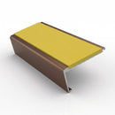 Rake back aluminium stair nosing, 62mm tread, yellow insert, dark bronze finish