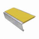 Rake back aluminium stair nosing, 62mm tread, yellow insert, mill finish finish