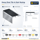 Heavy duty 56 x 55mm tile-in stair nosing technical drawing: 3D view, cross-section with 56mm tread, 55mm riser apron, 18mm perforated tiling leg, tile depth 10 or 12.5mm, R11 insert and the LRV of all 11 insert colours