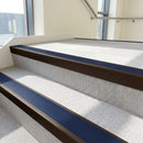 Dark bronze aluminium stair nosing with Dark Blue insert fitted to pale grey carpet tile on a council building stair