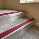 Mill finish aluminium stair nosing with Red insert fitted to pale grey carpet on a community theatre stair