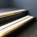 Mirrorflect gold aluminium bullnose stair nosing with twin white inserts fitted on a hotel lobby step