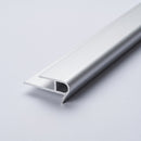 Anodised silver push-in laminate stair nosing profile showing the base leg, push-in channel and rounded nose