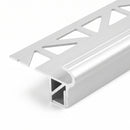 Silver anodised Florentine LED stair nosing profile showing rounded bead, LED channel and perforated tile-in anchoring leg