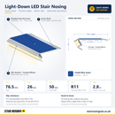 Light-Down LED Stair Nosing with standard cobalt blue insert: 3D view, cross-section and specifications