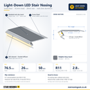 Light-Down LED Stair Nosing with standard dolphin grey insert: 3D view, cross-section and specifications
