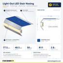 Light-Out LED Stair Nosing with standard cobalt blue insert: 3D view, cross-section and specifications