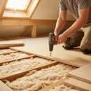 Tradesperson fitting a tongue and groove chipboard loft board over ceiling joists and loft insulation using a cordless drill, roof window in background