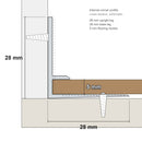 Cross-section drawing of the LVT internal corner profile showing the 28mm upright leg, 28mm base leg and 5mm flooring recess with screw fixings