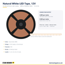 Natural white 12V LED tape reel with a lit continuous COB strip, output and driver sizing guide