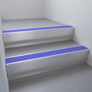 Mill Aluminium finish with Mid Blue Castellated insert and Black Castellated riser highlight - aluminium stair nosing 66x55mm fitted to a step edge