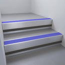 Mill Aluminium finish with Mid Blue Castellated insert and Black Smooth Textured riser highlight - aluminium stair nosing 66x55mm fitted to a step edge