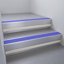 Mill Aluminium finish with Mid Blue Castellated insert and Light Grey Castellated riser highlight - aluminium stair nosing 66x55mm fitted to a step edge