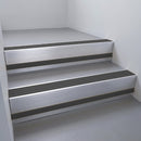 Satin Aluminium finish with Black Anodised Aluminium insert and Black Smooth Textured riser highlight - aluminium stair nosing 66x55mm fitted to a step edge
