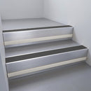 Satin Aluminium finish with Black Anodised Aluminium insert and Light Grey Castellated riser highlight - aluminium stair nosing 66x55mm fitted to a step edge