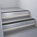Satin Aluminium finish with Black Smooth Textured insert and Light Grey Castellated riser highlight - aluminium stair nosing 66x55mm fitted to a step edge