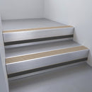Satin Aluminium finish with Fawn Castellated insert and Black Smooth Textured riser highlight - aluminium stair nosing 66x55mm fitted to a step edge