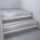 Satin Aluminium finish with Light Grey Smooth Textured insert and Light Grey Castellated riser highlight - aluminium stair nosing 66x55mm fitted to a step edge