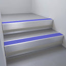 Satin Aluminium finish with Mid Blue Castellated insert and Black Castellated riser highlight - aluminium stair nosing 66x55mm fitted to a step edge