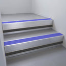 Satin Aluminium finish with Mid Blue Castellated insert and Black Smooth Textured riser highlight - aluminium stair nosing 66x55mm fitted to a step edge
