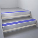 Satin Aluminium finish with Mid Blue Castellated insert and Light Grey Castellated riser highlight - aluminium stair nosing 66x55mm fitted to a step edge