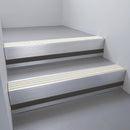 Satin Aluminium finish with Porth Stone Castellated insert and Black Smooth Textured riser highlight - aluminium stair nosing 66x55mm fitted to a step edge