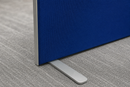 Close-up of the metal T-foot and silver edge trim at the base of a blue partition screen