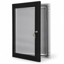 Black aluminium outdoor lockable notice board with the hinged door open, showing the grey felt pin backboard, clear polycarbonate cover and chrome key lock, on a white studio background