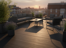 Black composite decking boards forming a modern garden roof terrace with contemporary furniture