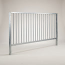 Galvanised steel pedestrian guardrail panel, 2m wide by 1m high, with a 50 x 30mm rectangular hollow section frame and vertical solid round infill bars, shown on a plain light grey studio background