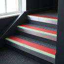 Photoluminescent aluminium stair nosing 56x55mm with red PVC insert fitted to a carpeted stair, green glow strip along the nose