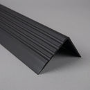 Black PVC stair nosing 50mm x 42mm shown alone on a plain studio background, ribbed tread face and full-depth front face visible