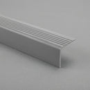 Grey PVC stair nosing 50mm x 42mm shown alone on a plain studio background, ribbed tread face and full-depth front face visible