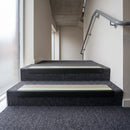 PVC stair nosing 60x32mm with beige anti-slip insert fitted to grey carpeted steps, green photoluminescent strip along the front edge