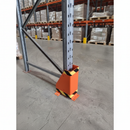 Steel orange U-shape racking upright guard protector fitted around a warehouse pallet racking column base