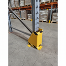 High-visibility yellow U-shape racking upright guard protector fitted around a warehouse pallet racking column base