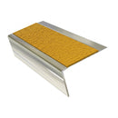 Rake back aluminium stair nosing, 46mm tread, solar (golden yellow) Mor Grip insert, bright polished finish
