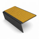 Rake back aluminium stair nosing, 46mm tread, solar (golden yellow) Mor Grip insert, satin black finish