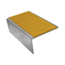 Rake back aluminium stair nosing, 56mm tread, solar (golden yellow) Mor Grip insert, mill finish finish