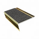 Rake back aluminium stair nosing, 70mm tread, obsidian (dark charcoal) Mor Grip insert, mirrorflect gold finish