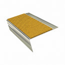 Rake back aluminium stair nosing, 70mm tread, solar (golden yellow) Mor Grip insert, bright polished finish