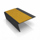Rake back aluminium stair nosing, 70mm tread, solar (golden yellow) Mor Grip insert, satin black finish